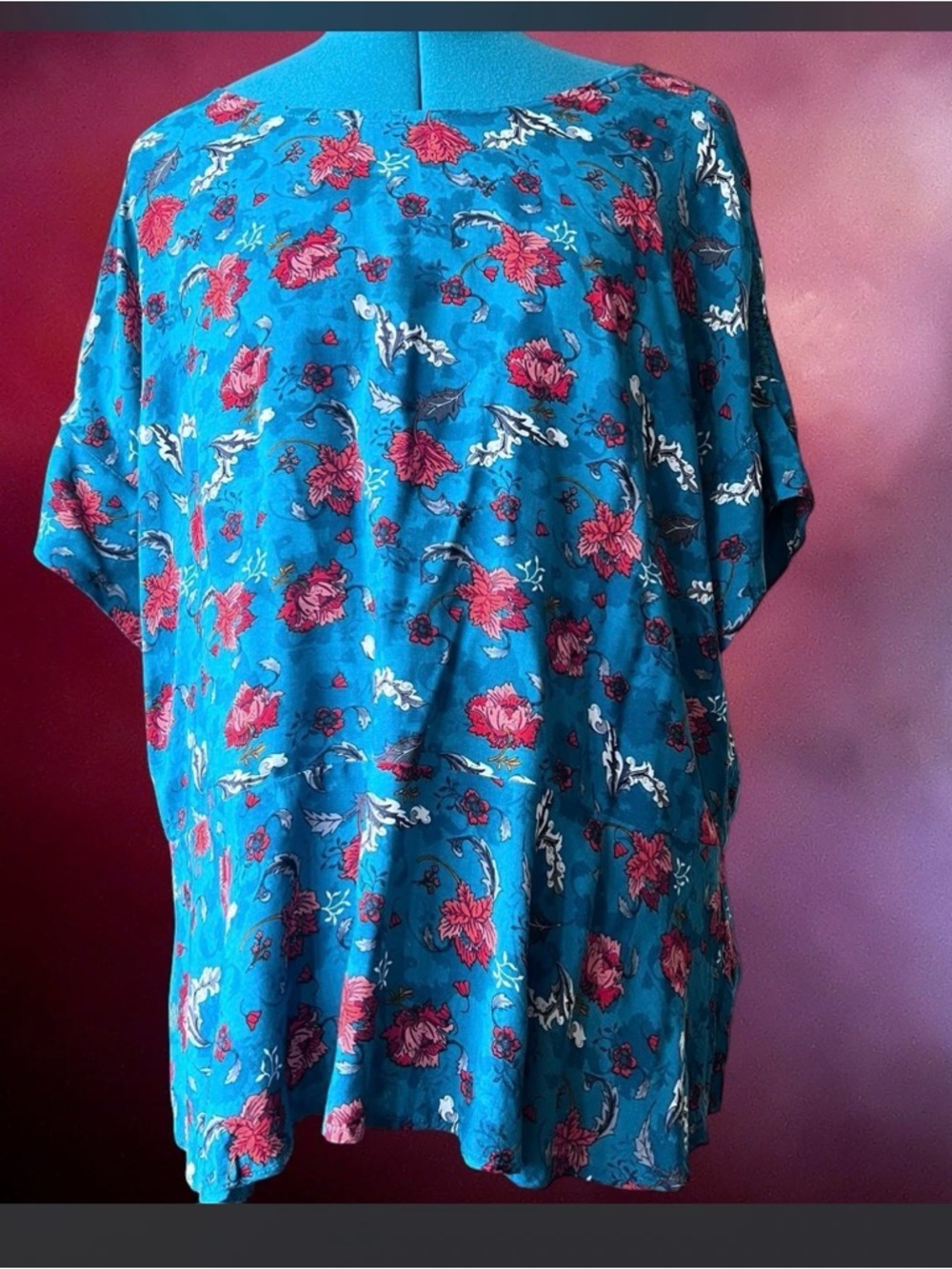 Democracy Teal Floral Peplum Blouse with Red Rose Print LARGE - Picture 2 of 7